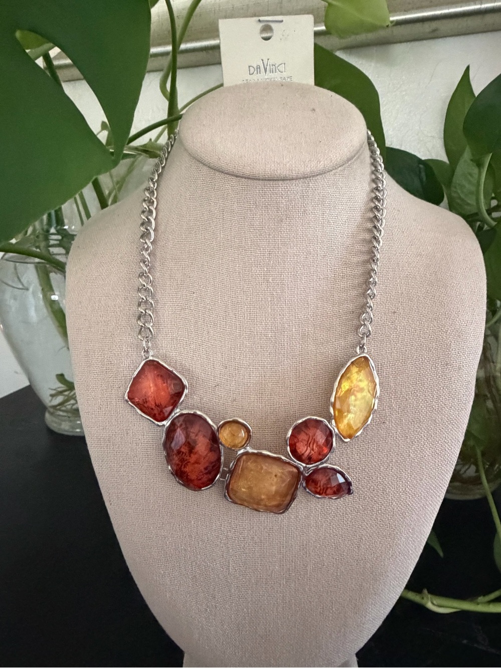Vintage DaVinci Chunky Lucite & Silver Bib Statement Necklace NWT